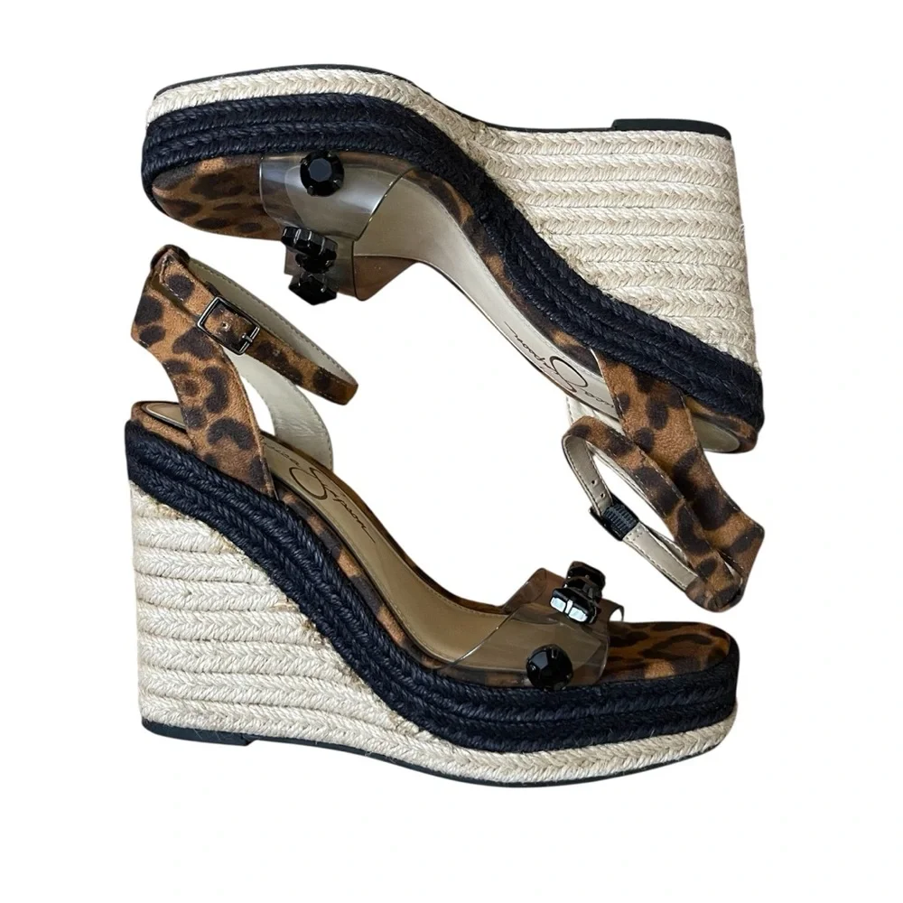 Jessica Simpson Leopard Espadrille Wedge Sandals Clear Strap Gem Studs Size 7